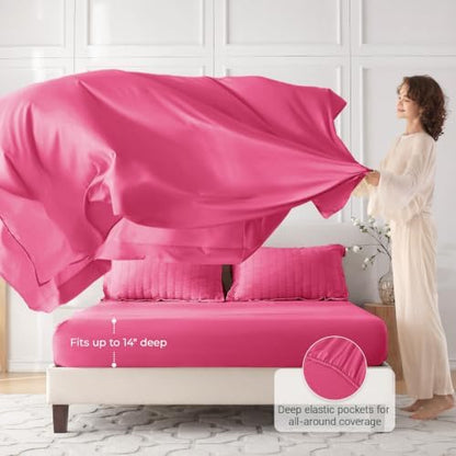 MUXHOMO 7 Pieces King Comforter Set, Seersucker Bed in a Bag King Size, All Season Luxury Bedding Set with Comforter, Flat Sheet, Fitted Sheet, Pillowcases & Shams, Hot Pink