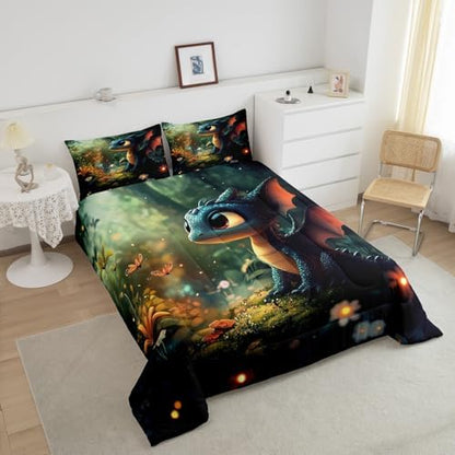 Castle Fairy Cute Dragon Twin Size Comforter Set,Mysterious Wild Animals Duvet Set Soft Bed Collection,Kawaii Flower Animals Bedding Comforter for Boys Girls Bedroom,2 Pcs