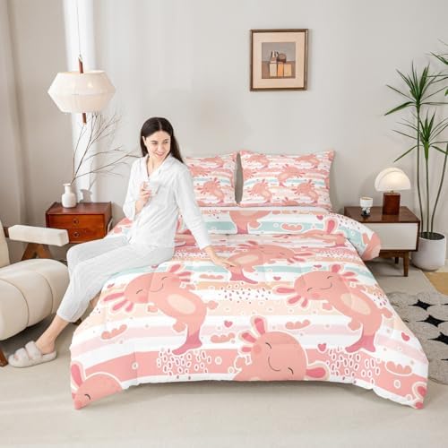 Cute Axolotl Comforter Set Twin Size Rainbow Stripes Quilt Set Animal Theme Bedding Comforters 2pcs for Kids Teens Room Decor,Pink Romantic Soft Duvet Set with 1 Pillowcase