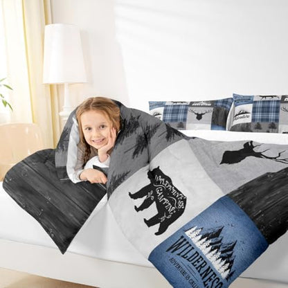 Deer Antler Bear Kids Comforter Set Full Size,Hunting Adventure Bedding Set for Boys Girls Adults Room Decor,Geometric Plaids Patchwork Down Comforter,Rustic Farmhouse Duvet Insert,2 Pillowcases