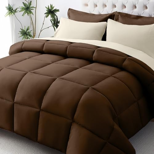 JOLLYVOGUE Queen Comforter Set, Ultra-Soft Bed in a Bag Queen Size 7 Pieces, Oeko-TEX Certified Bedding Set with Down Alternative Comforter, Sheets, Pillowcases & Shams, Brown & Beige