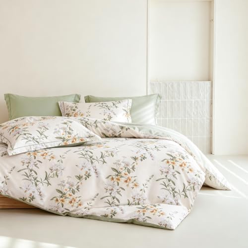 Queen Comforter Set 3 Pieces, 100% Cotton Sage Green Botanical Floral Bedding Set for All‑Season, Soft Breathable Comforter with 2 Pillow Shams