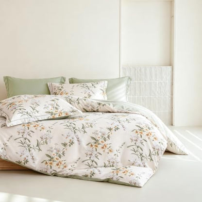 Queen Comforter Set 3 Pieces, 100% Cotton Sage Green Botanical Floral Bedding Set for All‑Season, Soft Breathable Comforter with 2 Pillow Shams