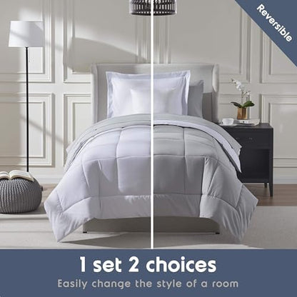 Nestl 7 Piece Twin Comforter Set – White Reversible Bed in a Bag – Complete Twin Size Bedding Set with Sheets, Set of 2 Cooling Pillows, Pillowcase and Sham