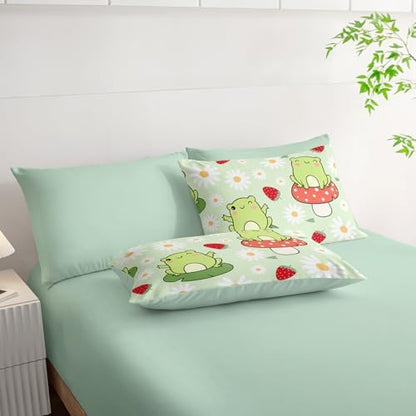 AILONEN Kawaii Frog Comforter Set Queen 7-Piece Bed in a Bag,Green Cute Frog Bedding Set for Kids Boys Girls,Soft Comforter & Fitted Sheet with Flat Sheet,2 Pillowcases,2 Pillow Shams