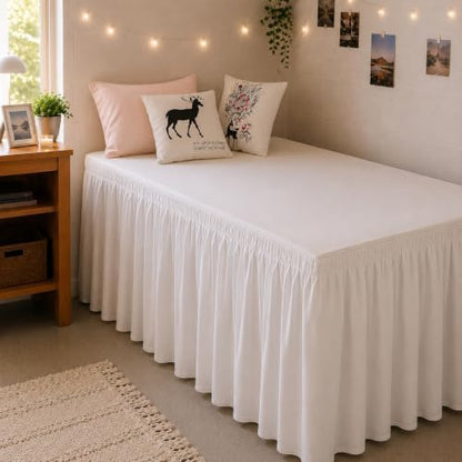 RIMELA College Dorm Bed Skirt Twin XL 32 Inch Drop, White Elastic Bedskirt