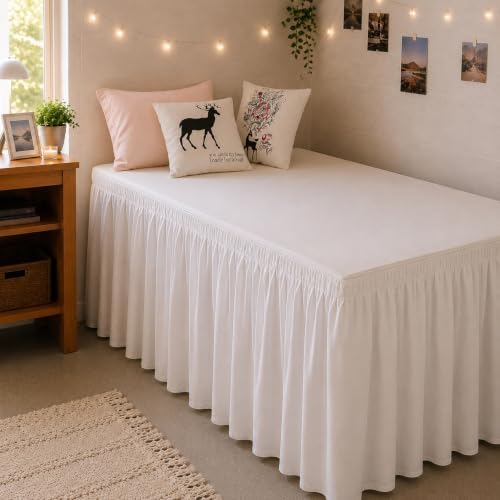 College Dorm Bed Skirt Twin XL 46 Inch Drop, White Elastic Bedskirt