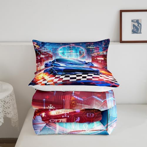 Feelyou Boys Blue Race Car Queen Size Bedding Set Kids Racing Car Decor Comforter Extreme Sports Car Comforter Set for Teens Honeycomb Grid Car Comforter Quilt Set Car Room Decorations