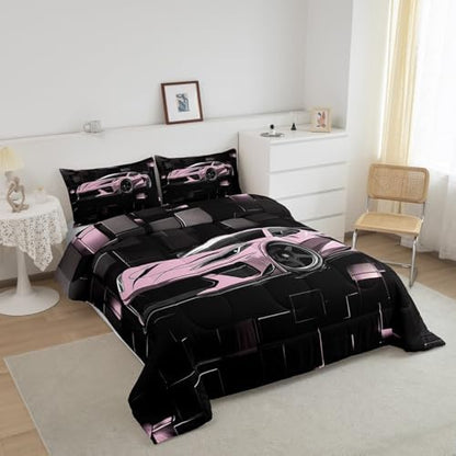 Erosebridal Girls Race Car Bedding Set Twin Size Pink Racing Car Comforter Set 2 Pieces Pink and Black Checkered Bedding Comforter Sets Abstract Down Comforter Room Home Decor