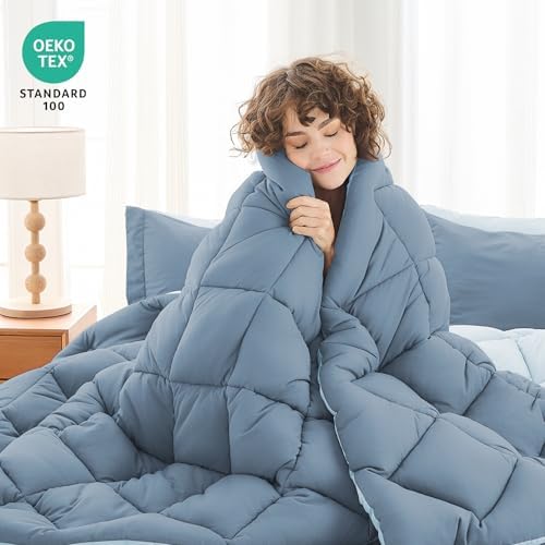 MUXHOMO 5 Pieces Twin Comforter Set, Reversible Bed in a Bag Twin Size, All Season Bedding Set with Comforter, Flat Sheet, Fitted Sheet, Pillowcases & Shams, Mineral Blue & Light Blue