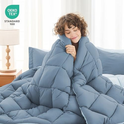 MUXHOMO 5 Pieces Twin Comforter Set, Reversible Bed in a Bag Twin Size, All Season Bedding Set with Comforter, Flat Sheet, Fitted Sheet, Pillowcases & Shams, Mineral Blue & Light Blue