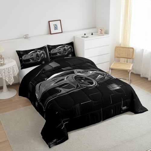 Erosebridal Cool Car Bedding Set Full Size Grey Racing Car Comforter Set 3 Pieces Modern Abstract Geometric Checkered Bedding Comforter Sets Speed Sports Car Down Comforter Teens Bedroom Decor