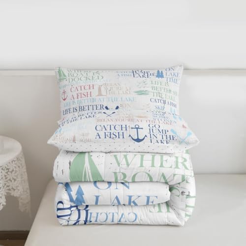 Nautical Anchor Bedding Set Full Size,Lake House Decor Comforter Set 3pcs for Kids Teens Adult Room Decor,Camping Quilt Ocean Rustic Farmhouse Style Duvet Insert with 2 Pillowcases,White Blue
