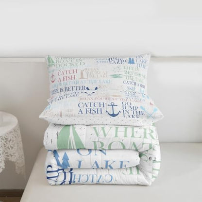 Nautical Anchor Bedding Set Full Size,Lake House Decor Comforter Set 3pcs for Kids Teens Adult Room Decor,Camping Quilt Ocean Rustic Farmhouse Style Duvet Insert with 2 Pillowcases,White Blue