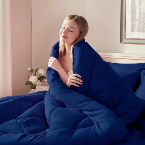 ELNIDO QUEEN® Full Size Comforter Set - 7 Pieces Navy Bed in a Bag Full, Bed Set All Seasons, Soft Bedding Sets with Dark Blue Comforter, Flat Sheet, Fitted Sheet, Pillowcases and Pillow Shams
