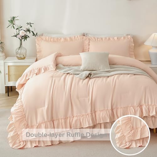 ANGIYUIN 5Pcs Pink Girls Twin Comforter Set Ruffle Bed in A Bag with Sheets
