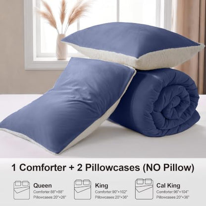 Fluffy Sherpa Queen Comforter Set, Thick Bedding Set 3 Pieces, Slate Blue