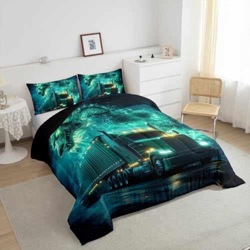 Western Dragon Kids Comforter Set King Size,Truck Vehicle Car Smoke Trippy Bedding Set,Girls Boys Room Decor,Chinese Dragon Magical Quilt Comforter,Black Retro Duvet Insert,2 Pillowcases