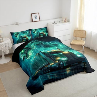 Western Dragon Kids Comforter Set King Size,Truck Vehicle Car Smoke Trippy Bedding Set,Girls Boys Room Decor,Chinese Dragon Magical Quilt Comforter,Black Retro Duvet Insert,2 Pillowcases