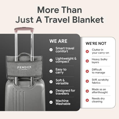 2-in-1 Travel Blanket and Pillow – Lightweight, Compact, Ultra Soft, Machine Washable – Handle, Luggage Sleeve, Backpack Clip – for Travel Airplane, Car, Office (Gray)