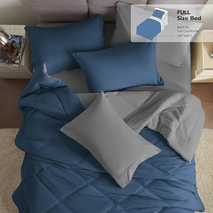 Joiedomi Full Size Comforter Set with Sheets Navy Blue, 7 Pieces Full Size Bed Set with 1 Down Alternative Comforter, 1 Flat Sheet, 1 Fitted Sheet, 2 Pillowcases and 2 Pillow Shams, Bed in a Bag