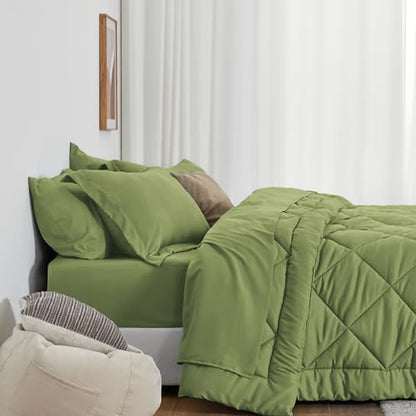 Love's cabin King Size Comforter Set Olive Green, 7 Pieces King Bed in a Bag, All Season Bedding Sets with 1 Comforter, 1 Flat Sheet, 1 Fitted Sheet, 2 Pillowcase and 2 Pillow Sham