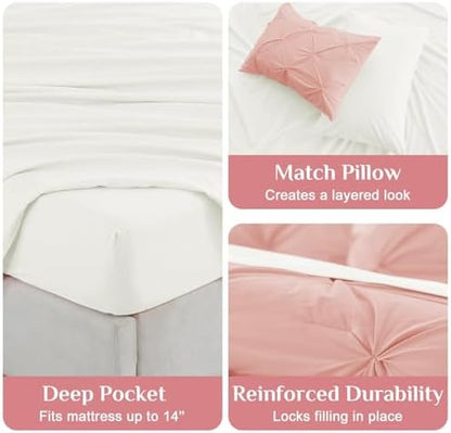 JOLLYVOGUE Twin Comforter Set 5 Pieces - Bed in a Bag Twin for All Season, Pintuck Bedding Comforter Sets with Comforter, Flat Sheet, Fitted Sheet and Pillowcases & Shams, Pink & Ivory