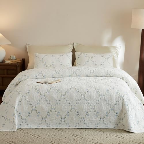 MarCielo 3pcs Cotton Quilt Set Beige Soft Blue Floral