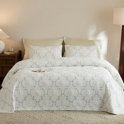 MarCielo 3pcs Cotton Quilt Set Beige Soft Blue Floral
