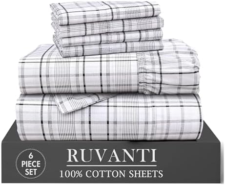 RUVANTI 100% Cotton Queen Sheets, Percale Queen Sheet Set, Open Check