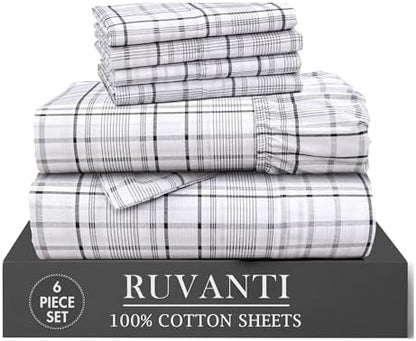 RUVANTI 100% Cotton Queen Sheets, Percale Queen Sheet Set, Open Check