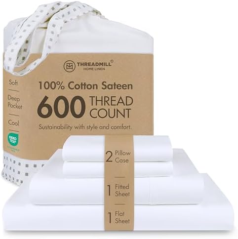 Threadmill 600 Thread Count Cotton Cal King Sheet Set, Sateen, White