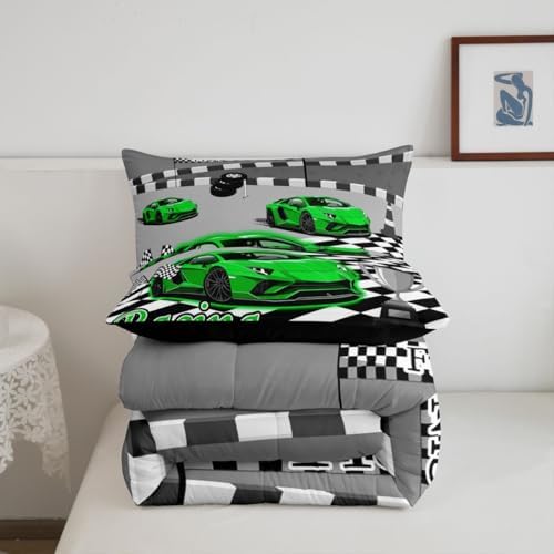 Feelyou Boys Race Car Kids Comforter Set King Size Speed Sports Car Bedding Set Racing Extreme Sports Duvet Quilt for Kids Boys Girls Bedroom Green Automobile Decor Microfiber Ultra Soft Breathable