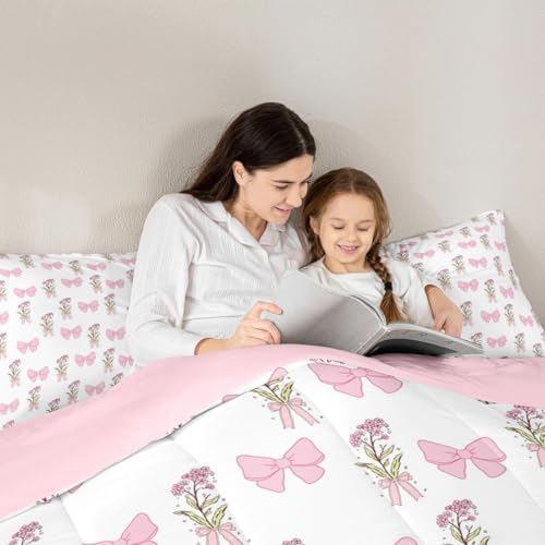Castle Fairy Pink Bowknot Comforter Set Toddler Size,Vintage Farmhouse Pink Floral Bedding Set,Kids Teens Adult Room Decor,Dreamy Girly Style Down Comforter,2 Pcs 1 Pillowcase