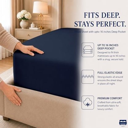 Cottingon 4 PC Cal King Sheets Fits 16" Deep, Egyptian Cotton, Navy Blue