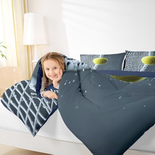 Castle Fairy 3D Tennis Comforter Set Queen Size for Kids Modern Sport Competition Bedding Sets All Season Tennis Racket Print Quilt Set Bedroom Decor Ball Games Down Comforter,3Pcs