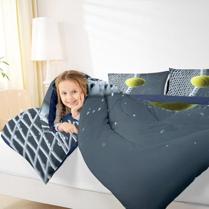 Castle Fairy 3D Tennis Comforter Set King Size for Kids Modern Sport Competition Bedding Sets All Season Tennis Racket Print Quilt Set Bedroom Decor Ball Games Down Comforter,3Pcs
