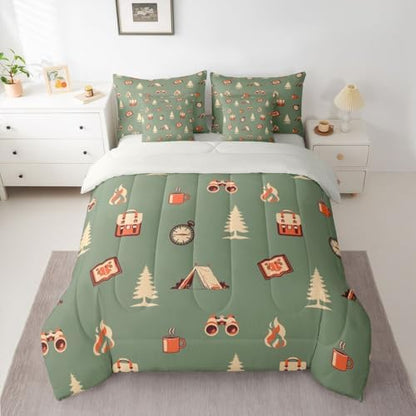 Camper Adventure Theme 7 Pieces Bedding Set Twin Size,Happy Camping Bed in a Bag,Cartoon Tent Travel Bag Bed Set Includes Comforter,Sheet Set,Pillowcases & Pillow Covers,Camping Lover Bedroom Decor