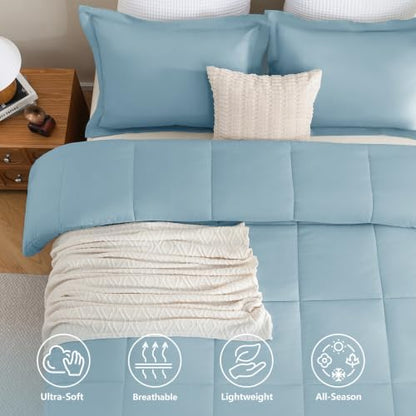 CozyLux Full Size Comforter Sets, 3-Piece Box-Stitched, Light Blue