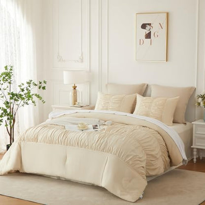Cupocupa Ruched Ruffle Comforter Set Twin - 2 Piece Wheat Checkered Bedding Set - Aesthetic Cottagecore Ruffled Farmhouse Comforter with 1 Pillow Shams - Soft, Lightweight All Season Bedding