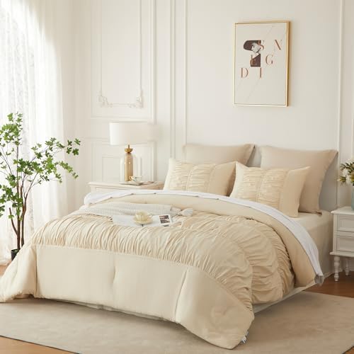 Cupocupa Ruched Ruffle Comforter Set Full - 3 Piece Wheat Checkered Bedding Set - Aesthetic Cottagecore Ruffled Farmhouse Comforter with 2 Pillow Shams - Soft, Lightweight All Season Bedding