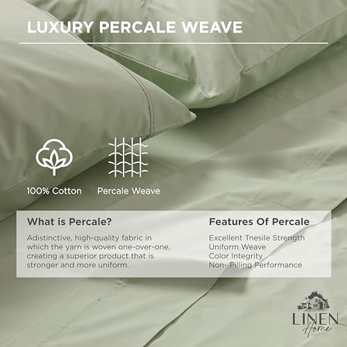 Linen Home 100% Cotton Percale Fitted Sheet only, Full Size, Sage