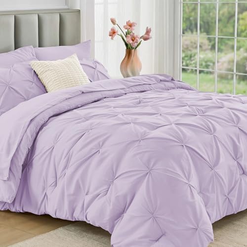 JOLLYVOGUE King Size Comforter Set 7 Pieces - Bed in a Bag King for All Season, Pintuck Bedding Comforter Sets with Comforter, Flat Sheet, Fitted Sheet and Pillowcases & Shams, Light Purple