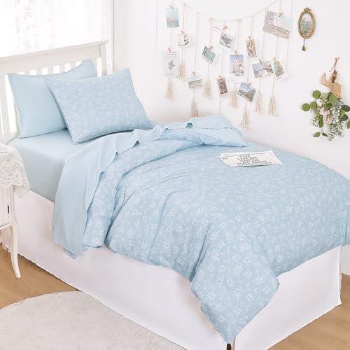 Wake In Cloud - Floral Comforter Set with Sheets, Coquette Cottagecore Aesthetic Flower Shabby Chic Pattern for Women Teen Girls, 5 Pieces Bed in a Bag, Light Blue, Twin Size