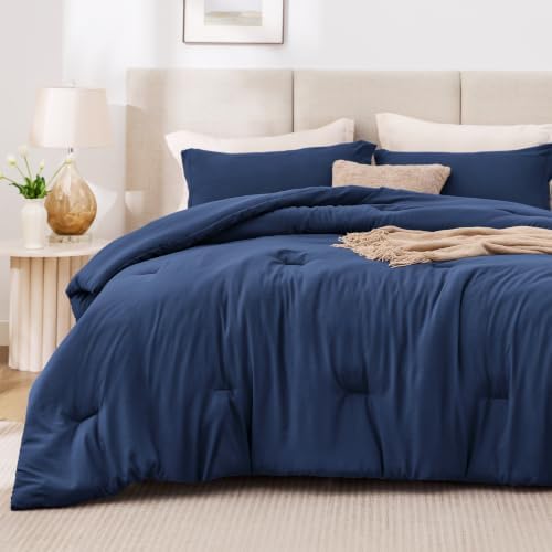 Love's cabin Dark Blue Queen Comforter Set, 3-Piece Prewashed Bed Set