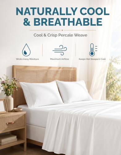 Casa Platino Twin XL Sheets Set –100% Cotton Twin XL Sheets with 2 Pillowcases, Lightweight Feel & Secure Fit, Crisp & Breathable Percale Weave with 15" Deep Pocket, Soft and Cozy – Pure White