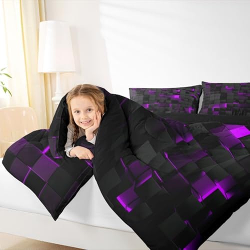 Erosebridal Black Purple Comforter Set Full Neon Geometric Checkered Bedding Set for Girls Teen Women,Tereoscopic Grids Comforter Square Plaid Quilt Duvet Room Decor 3 Pcs