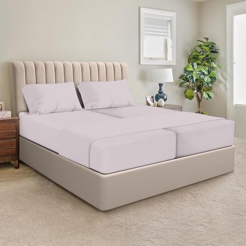 SGI Split King Sheet Set for Adjustable Bed Egyptian Premium Cotton Sheets for Sleep Number Bed 15" Deep Pocket 5 Pc Set with 2 Twin XL Fitted Sheets Soft Breathable - Silver