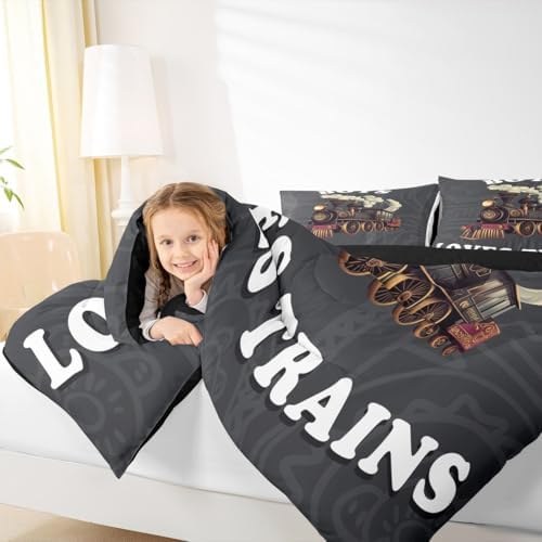 Feelyou Boys Vintage Train Comforter Set Full Size Retro Steam Engine Bedding Set Kids Teens Railway Track Vehicle Locomotive Transport Duvet Quilt Room Decor