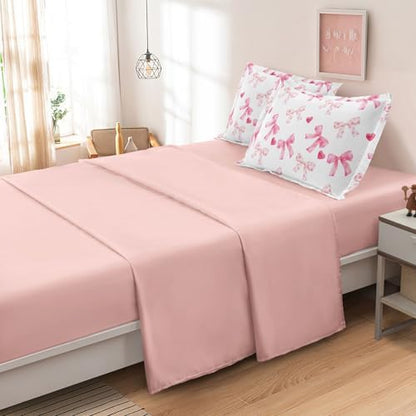 Twin Bedding Sets for Girls Pink Bow Room Decor Fluffy Comforter Sheets Set Bed in a Bag for Kids Teens All Season Use